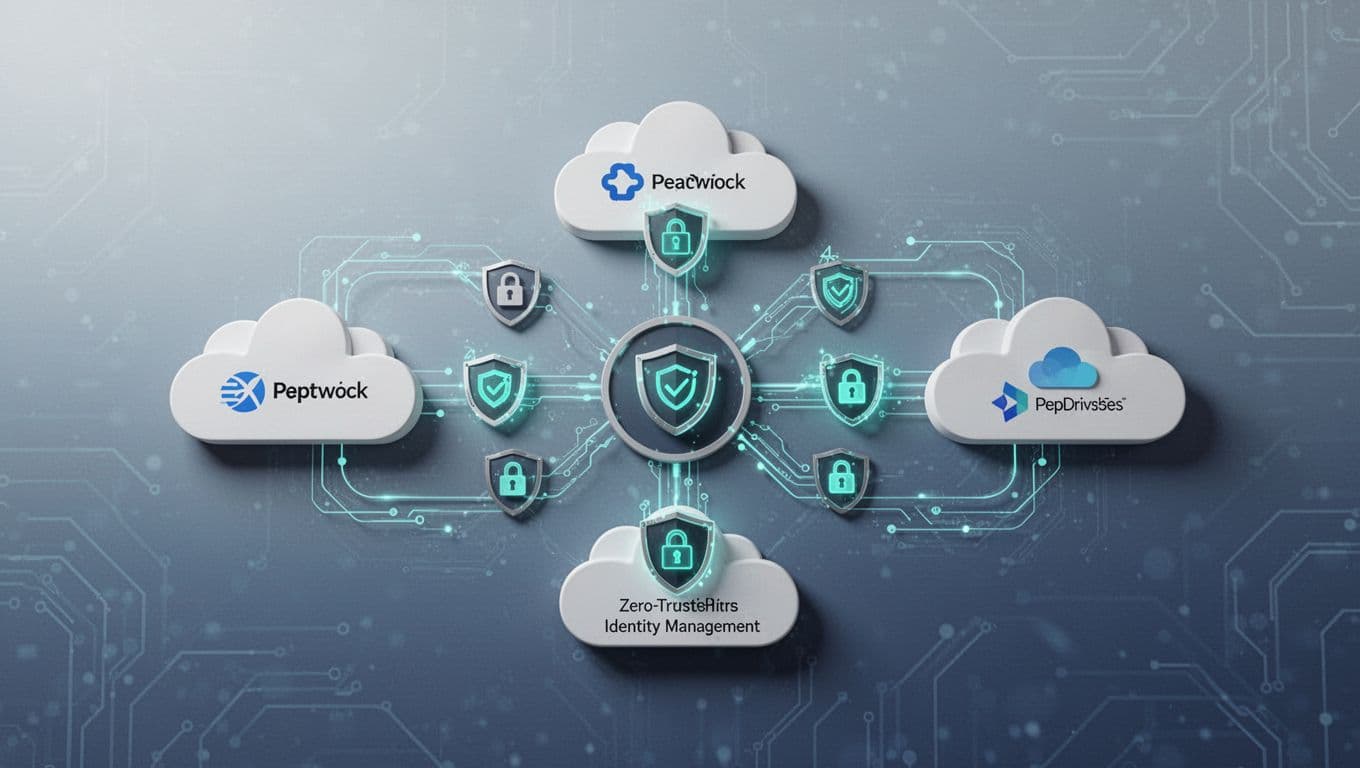Modern illustration of interconnected AWS, Azure, and GCP cloud icons with shields, locks, verification flows, and protected data flows embodying zero trust principles and identity management.
