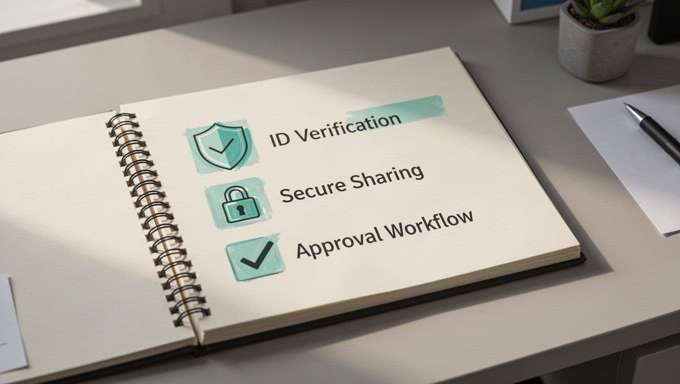Notepad on office desk shows visual checklist with green checkmarked icons.
