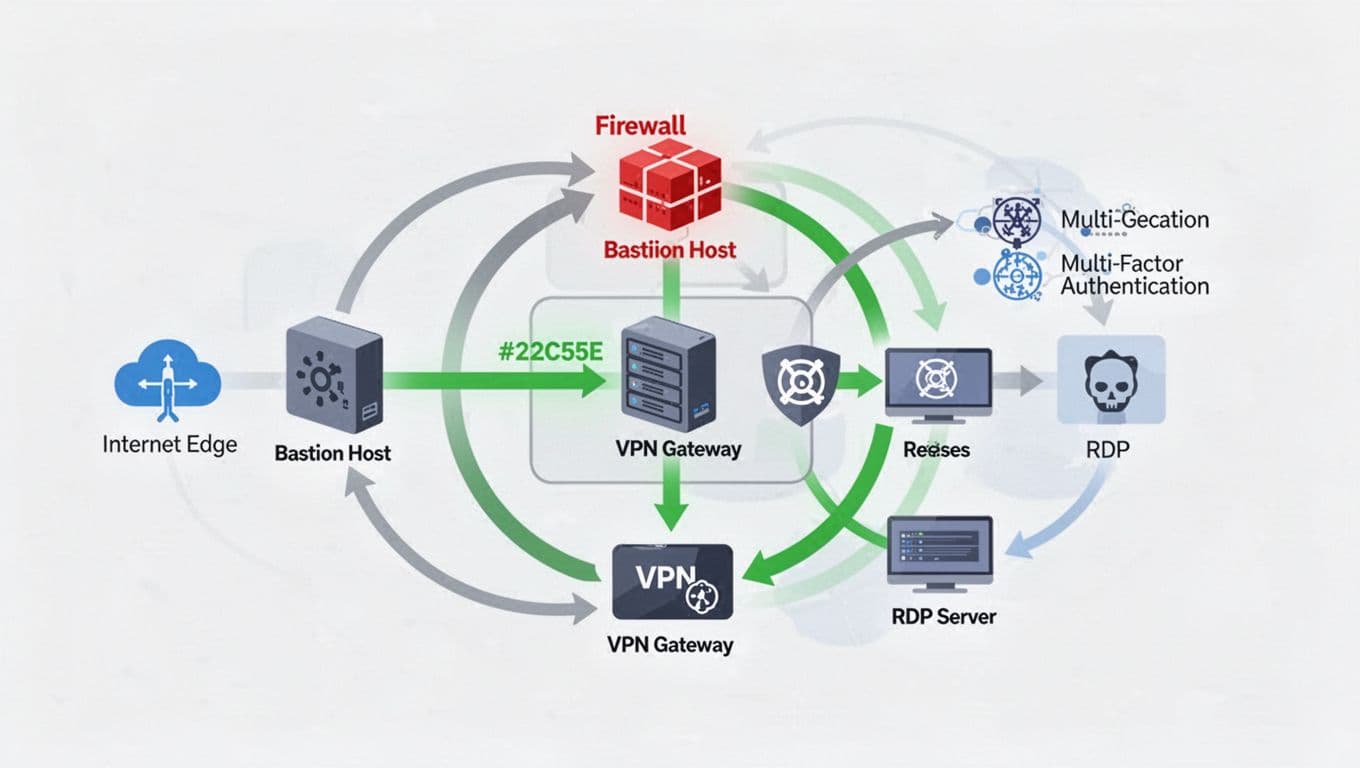 Illustration of internet-facing remote access tools like VPN and RDP segmented behind a firewall with MFA and bastion host, using arrows for controlled access paths in a clean, modern flat style.