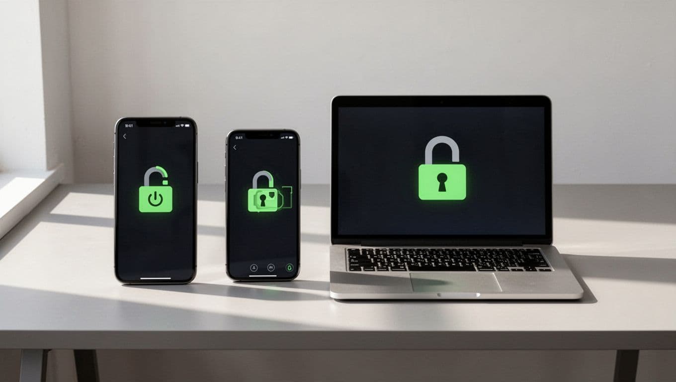 Minimalist desk with powered-off phone and laptop, green lock icons on screens.