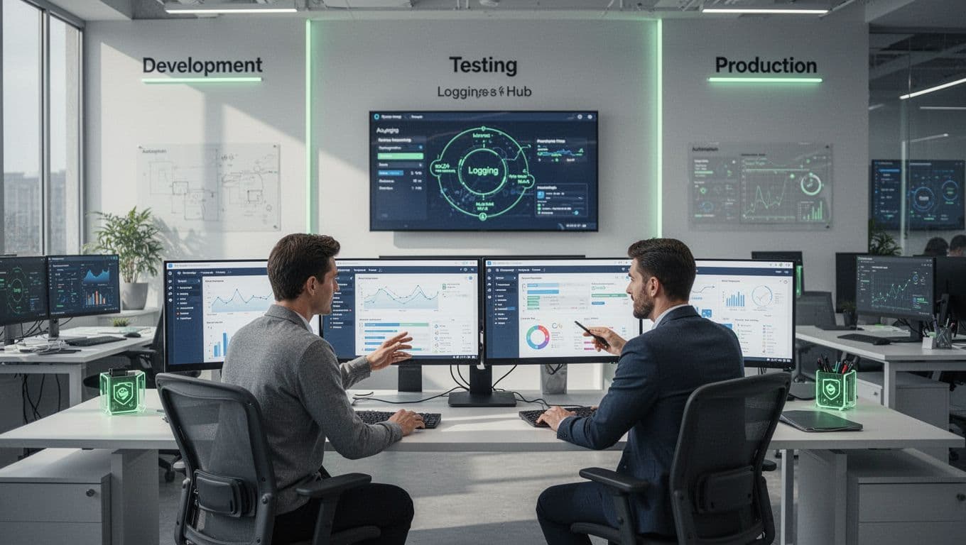 Modern illustration of a secure operations environment showing separated dev/test/prod zones, centralized logging hub, and two people collaborating on reviewing automations in a clean office with accent highlights on secure elements.