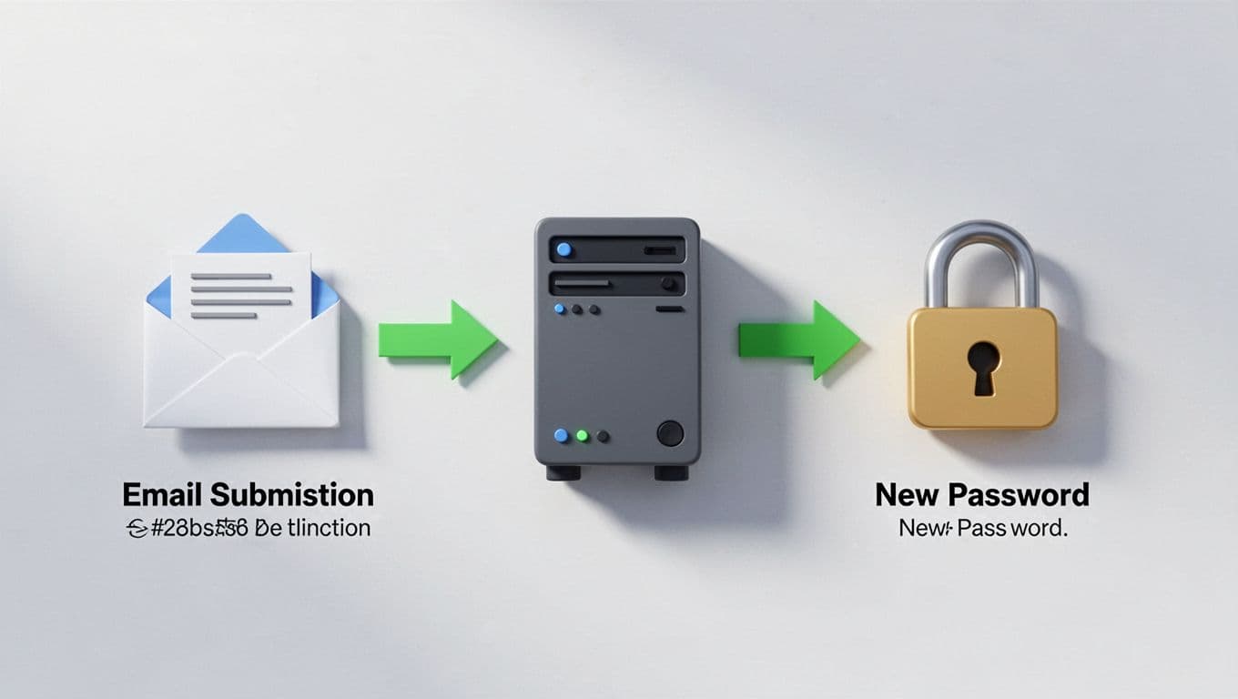 Clean flowchart shows email input on left, server sends reset link, user sets new password on right.