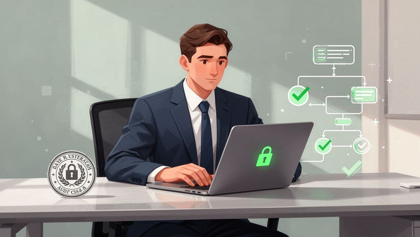 Modern illustration of a secure office setup with a locked payroll laptop, manager approval stamp on timesheet, audit trail flowchart icons, verification checklist, and one person seated at the desk with relaxed hands on keyboard.