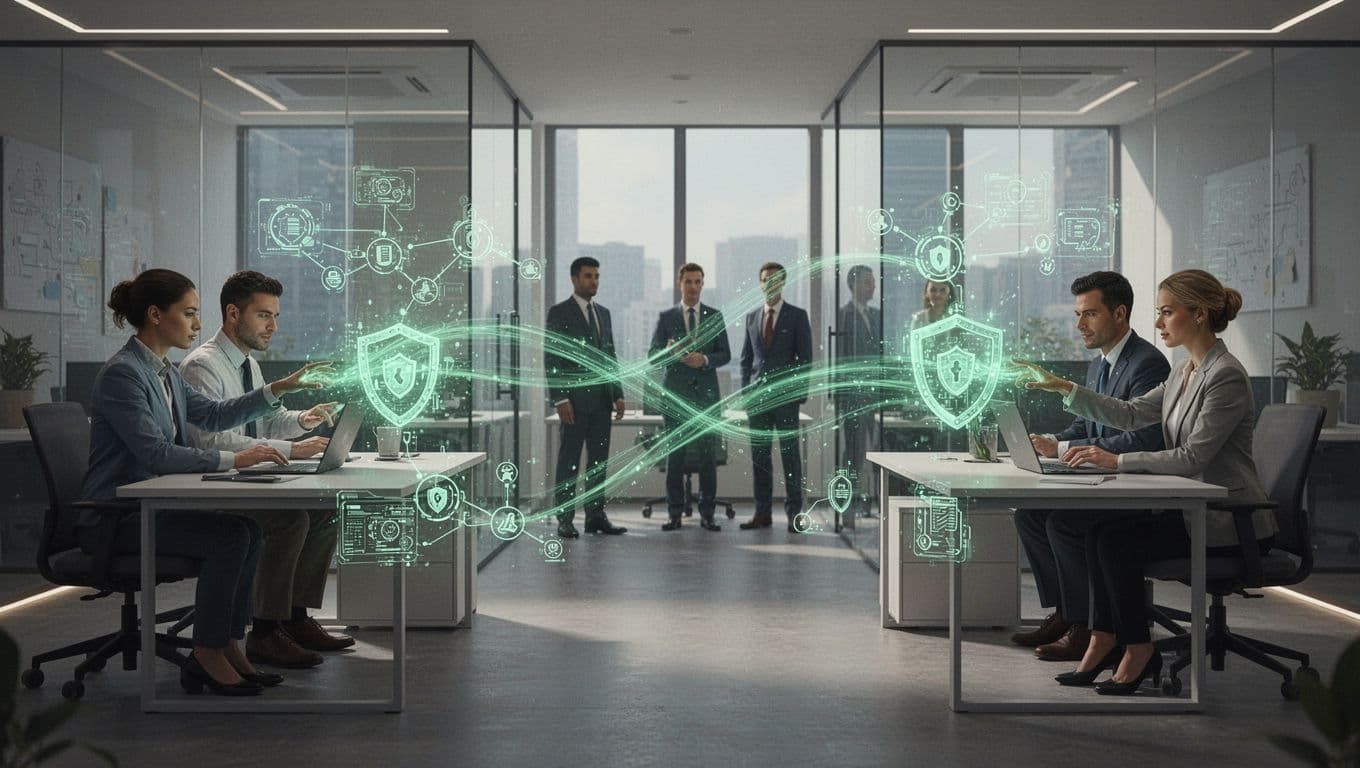 Modern illustration depicting two company teams securely merging IT systems post-acquisition, with icons of firewalls, unified access controls, and monitoring tools, executives overseeing in a clean office environment.