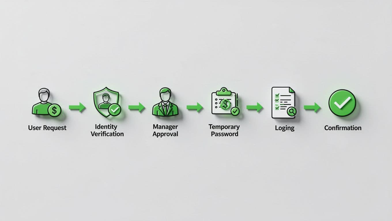 Modern flat-style flowchart illustrating a secure multi-step password reset process for privileged accounts, featuring six icons for user request, identity verification, manager approval, temporary password issuance, and logging confirmation, connected by green arrows on a clean neutral background.