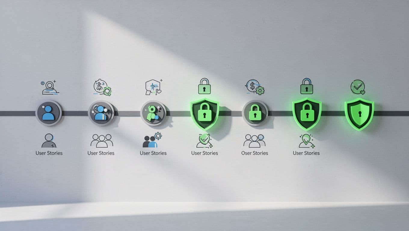 Horizontal timeline with feature milestones, user story icons, and green-highlighted lock and shield security symbols.