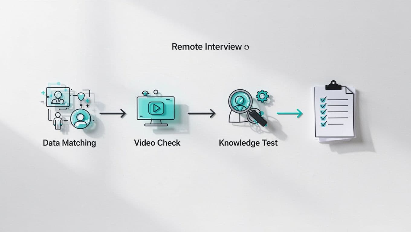 Modern illustration of a secure remote interview workflow diagram with icons for data matching, video check, knowledge test, and documentation steps connected by arrows in a clean professional style with green accents on white background.