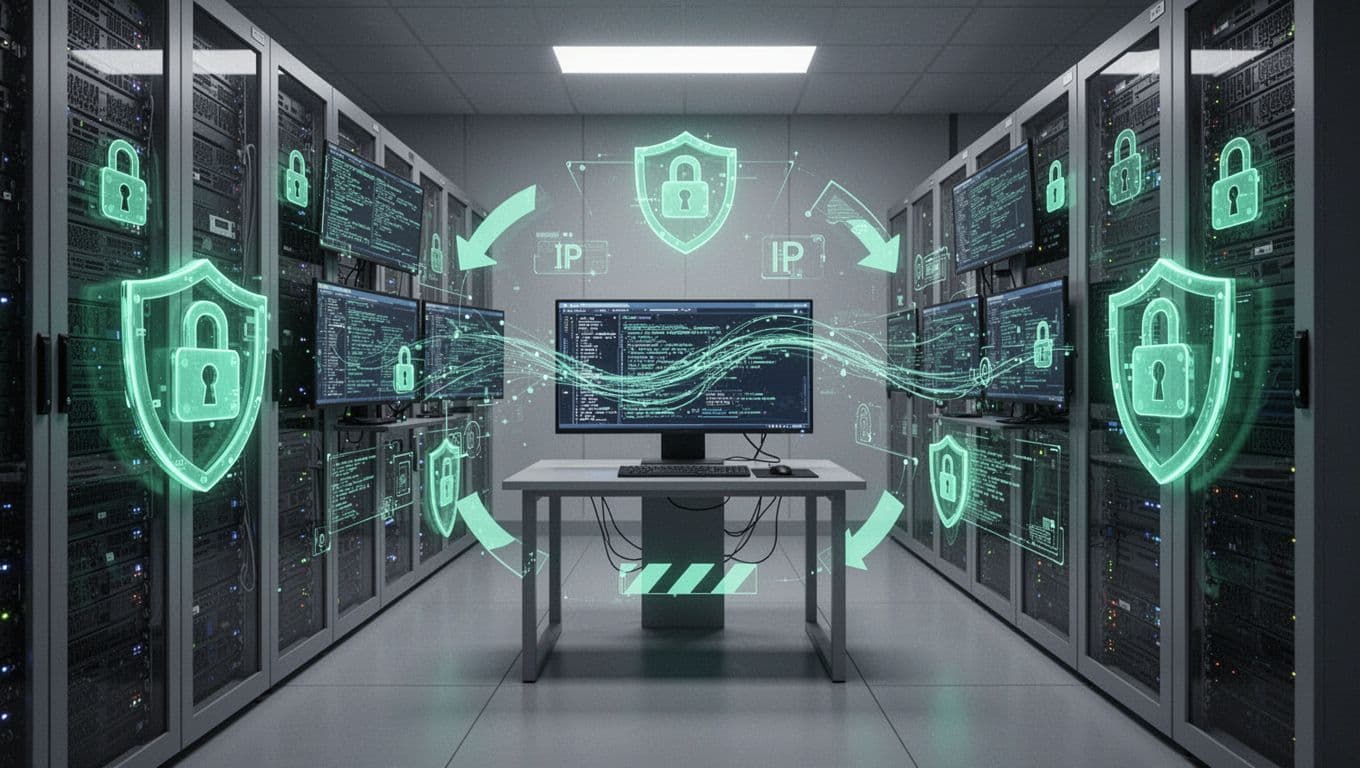 Secure server room with VPN gateway, firewall icons, MFA screens, IP barriers, and admin monitoring console.