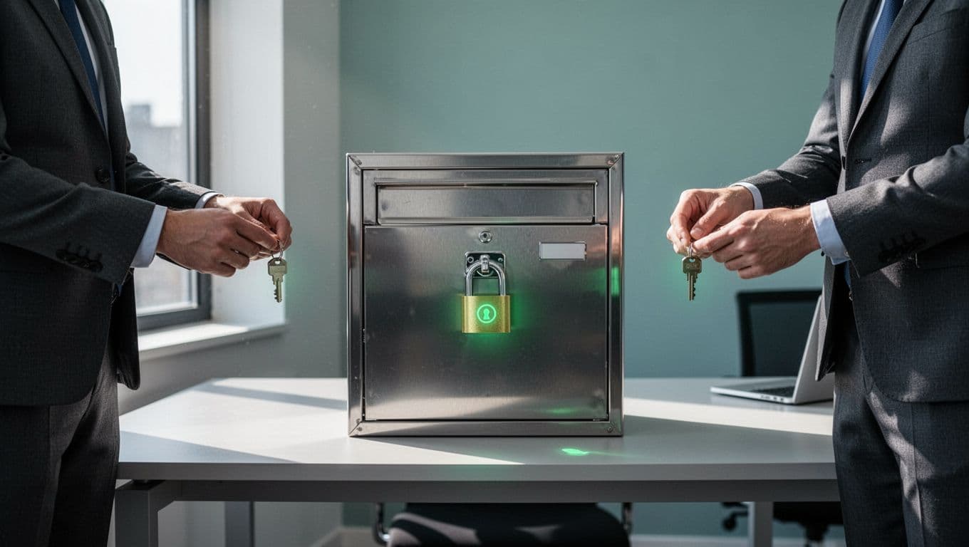 Modern illustration featuring a protected shared mailbox with a strong padlock, accessible only by two authorized user avatars holding access keys and green checkmarks, set in an office environment.