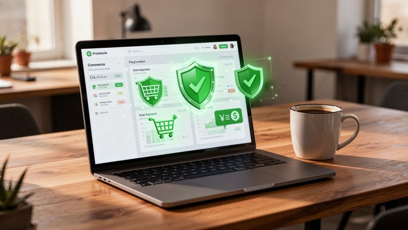 Modern illustration in consistent style of small ecommerce store dashboard on laptop screen at wooden desk with coffee mug nearby, green shield icons protecting site elements like cart and payments, relaxed office setting natural light, clean shapes strong composition #22C55E accents on secure elements, no readable screen text screen at angle, no people exactly one laptop one mug, no watermarks no logos