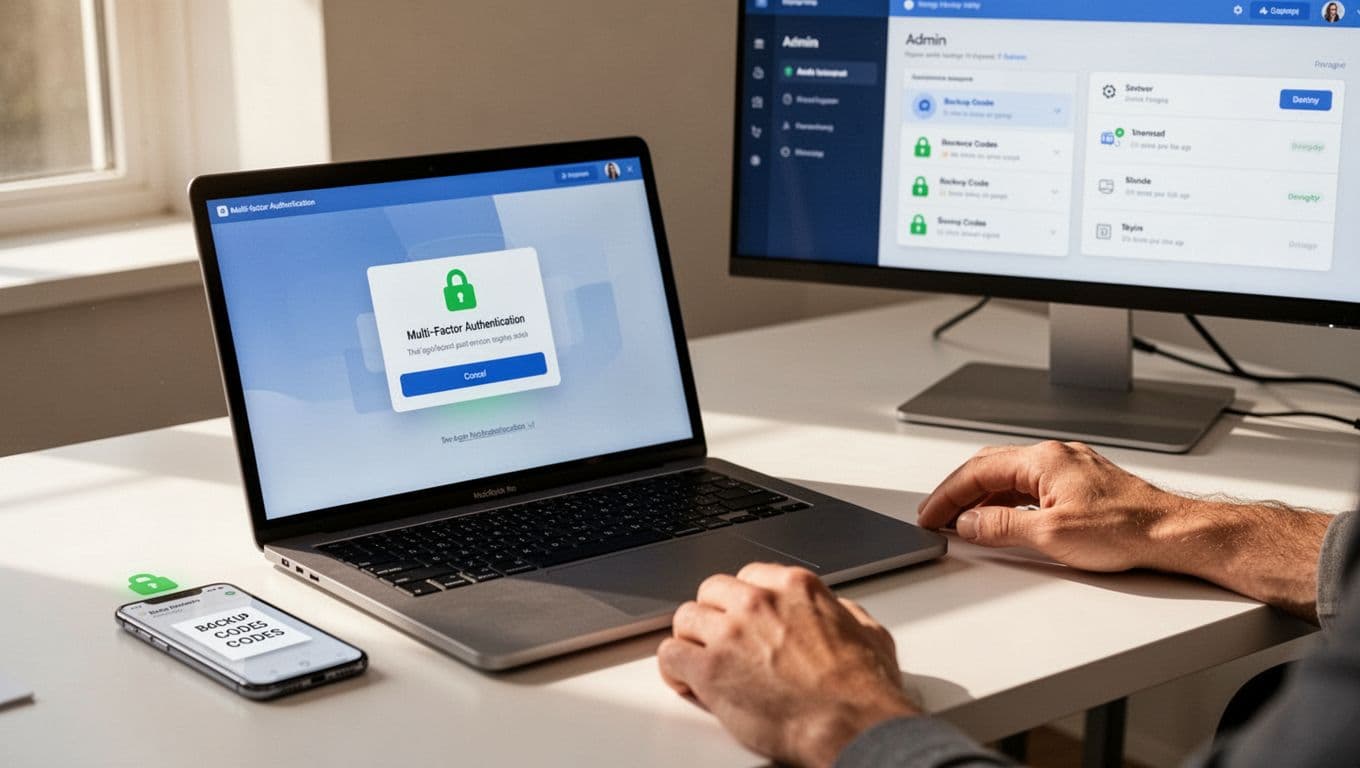 Modern illustration depicting a secure social media management setup with a laptop showing MFA-enabled login screen, a phone with backup codes, and an admin panel review on a secondary screen on a clean office desk.