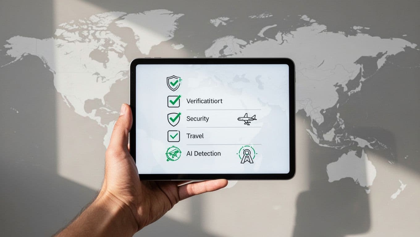 Modern illustration showing a checklist document on a tablet held by one hand, items like verify sender, secure travel check, AI detection, background faint world map for travel, clean shapes controlled colors strong composition consistent style, #22C55E accents on checkmarks, exactly one hand no person visible no text on screen no watermark no extra objects.