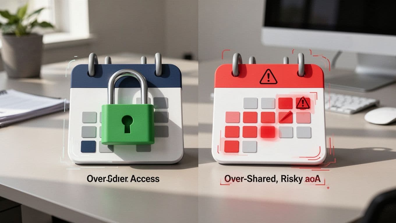 Modern illustration contrasting a secure executive calendar icon locked with a green padlock against a risky calendar with multiple unlocked access points and warning highlights on a neutral office background.