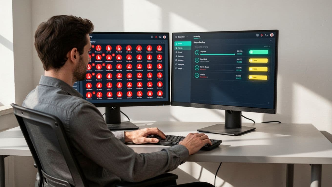 Security analyst at desk with dual monitors: left chaotic with red alerts, right clean with few green and yellow alerts.