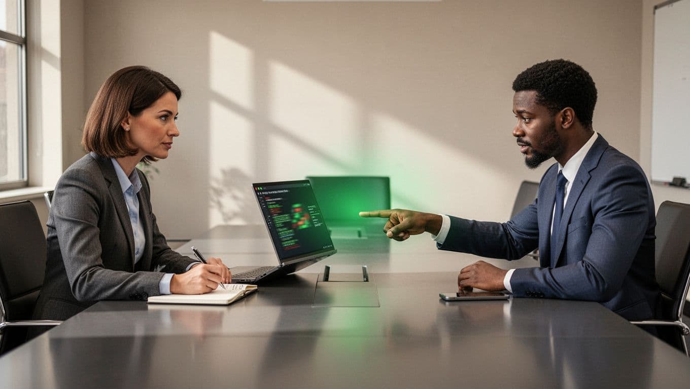 Hiring manager and candidate face each other across table in conference room, candidate showing blurred alerts on angled laptop, manager taking notes.