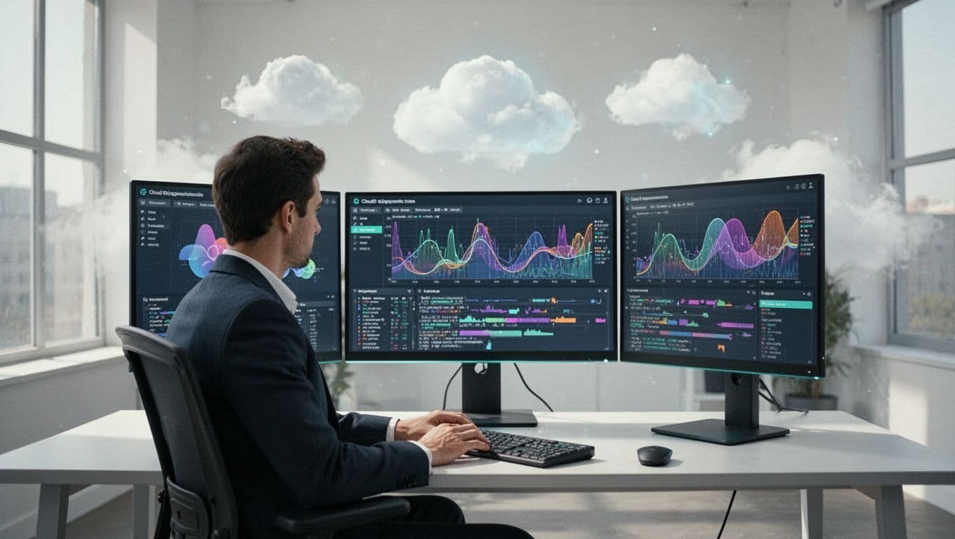 A security analyst seated at a modern desk reviews a cloud log analysis dashboard on dual monitors displaying graphs and timelines of log data, in a clean office with subtle cloud icons and natural light, rendered in modern illustration style.