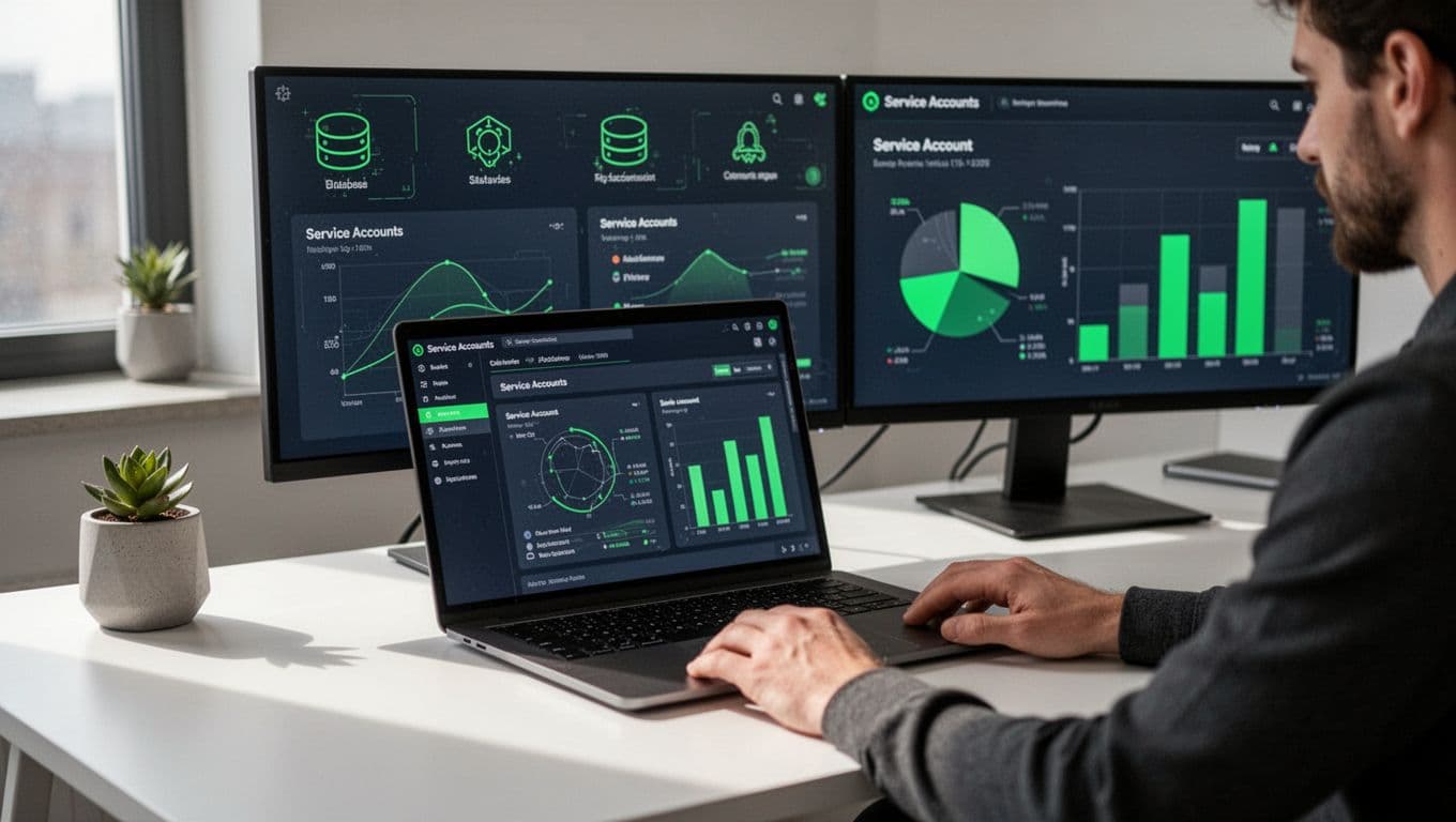 Security analyst at desk with laptop and monitor displaying service account dashboards, icons, pie chart, and bar graph.