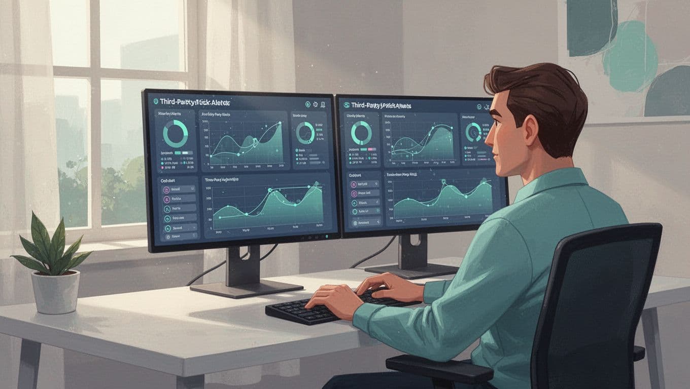 Modern illustration of a single security analyst in a home office monitoring third-party risk alerts on dual screens with vendor compliance graphs and AI oversight metrics, using clean shapes and #22C55E accents.