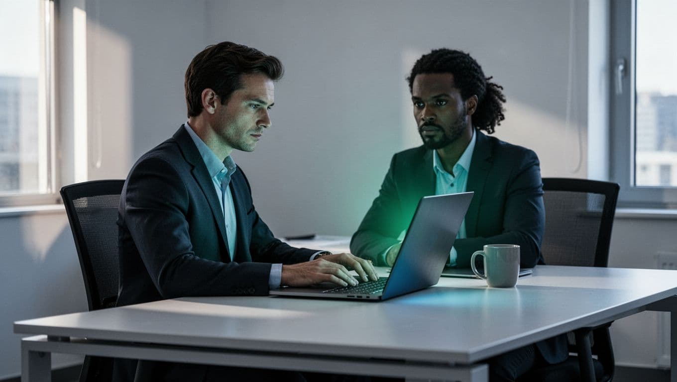 Security analyst at clean modern office desk views CTEM dashboard on angled laptop screen, relaxed hands on keyboard, coffee mug nearby.