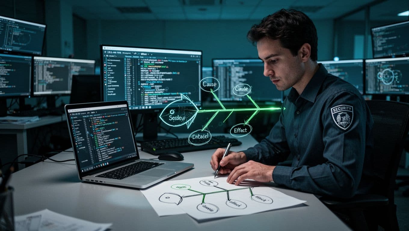 Security analyst in dimly lit SOC room examines server logs on laptop and sketches fishbone diagram on paper.
