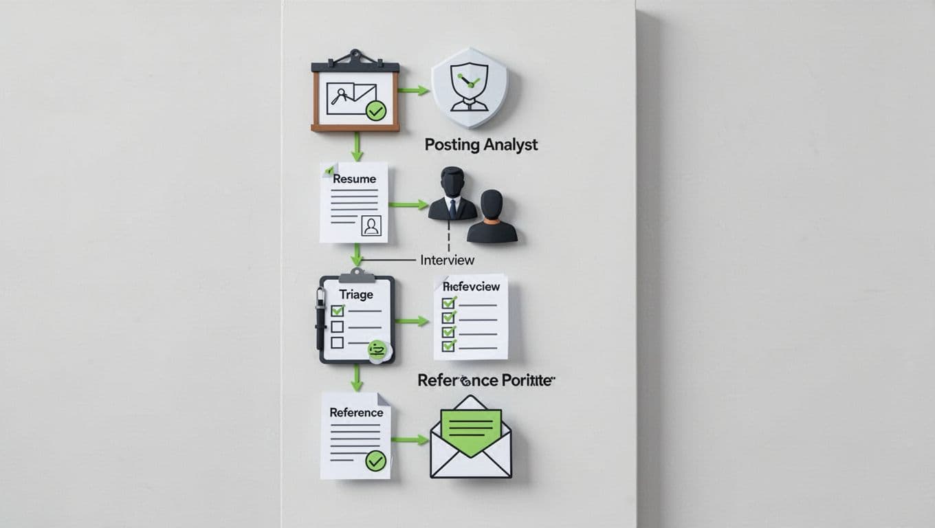 Vertical flowchart with icons depicting job posting, resume screening, technical interview, triage test, reference checks, and offer extension, connected by green-accented lines on neutral background.