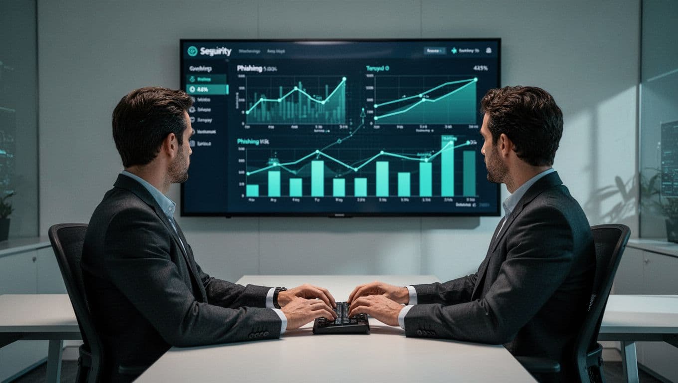 Security analyst in control room views large monitor displaying abstract charts for phishing reports, false positives, and triage times with green accents.