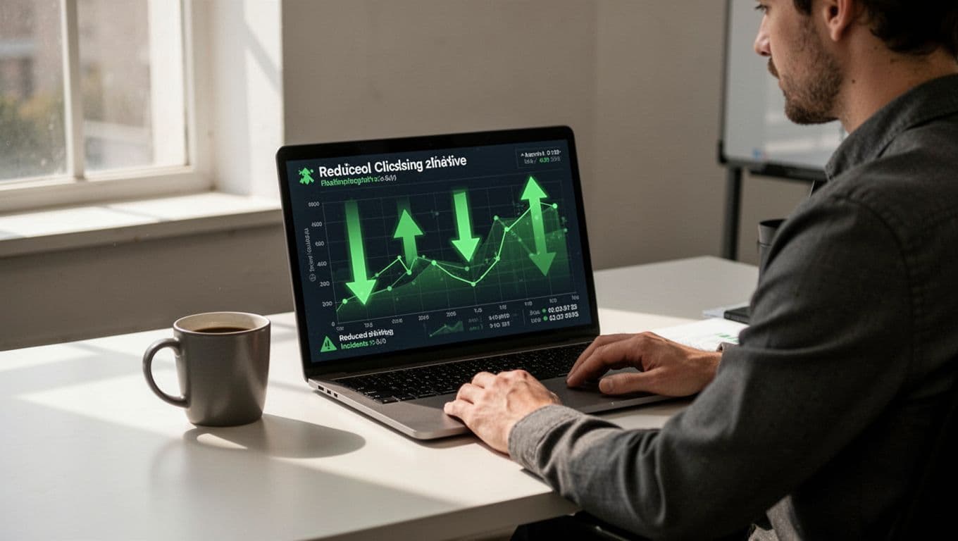 Security analyst views laptop dashboard with downward arrows for phishing clicks and incidents on clean desk with coffee mug.