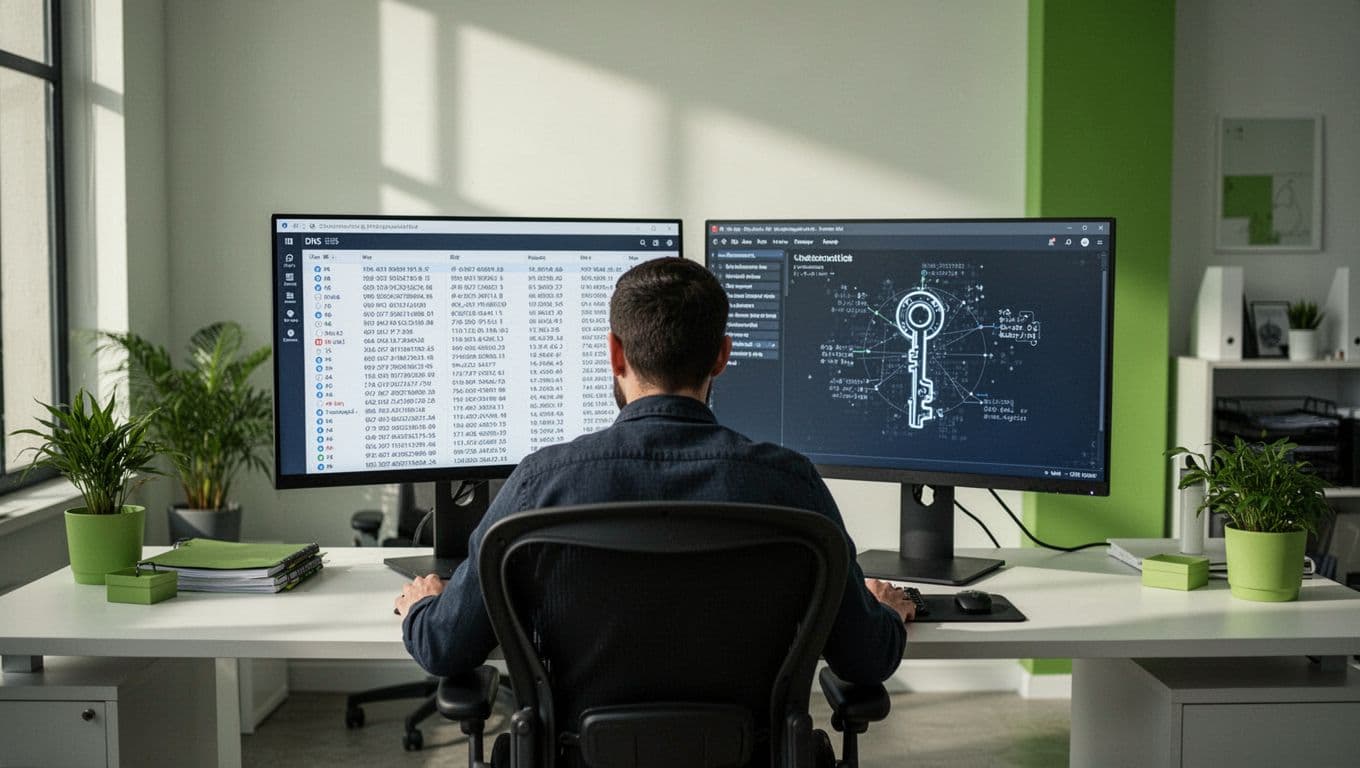 Modern illustration of a security analyst at a desk reviewing DNS records on dual monitors, one showing SPF record details with IP addresses and includes, the other displaying DKIM public key, in a clean office with soft lighting and green accents.