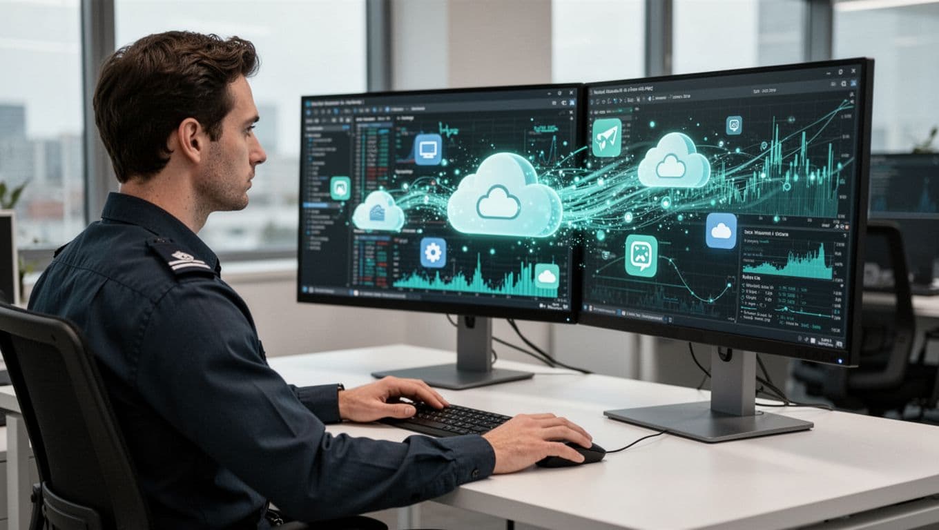 IT security analyst at desk examines network logs on dual monitors with unauthorized cloud app icons emerging from data stream.