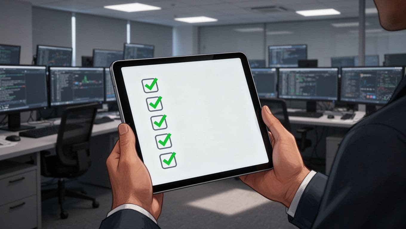 Security analyst holds digital tablet with checklist items checked off in SOC room.