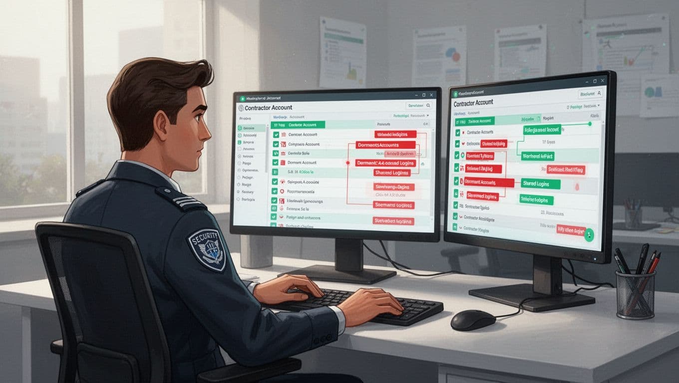 Security analyst at desk reviews dual monitors highlighting dormant accounts and shared logins with warning icons.
