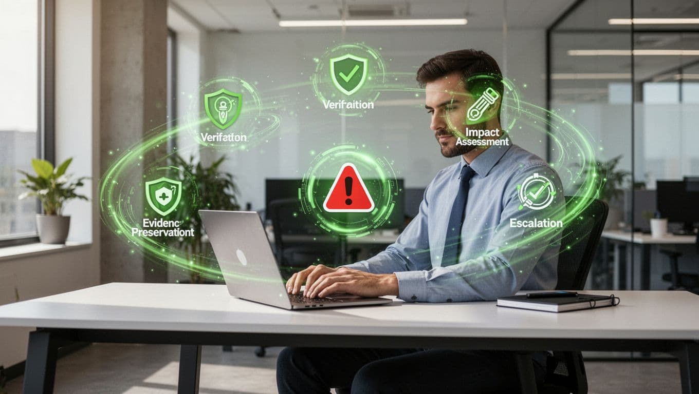 Modern illustration of a security analyst at a desk reviewing an employee-reported security alert on a laptop, surrounded by floating icons for triage steps: verify context, assess impact, preserve evidence, escalate.