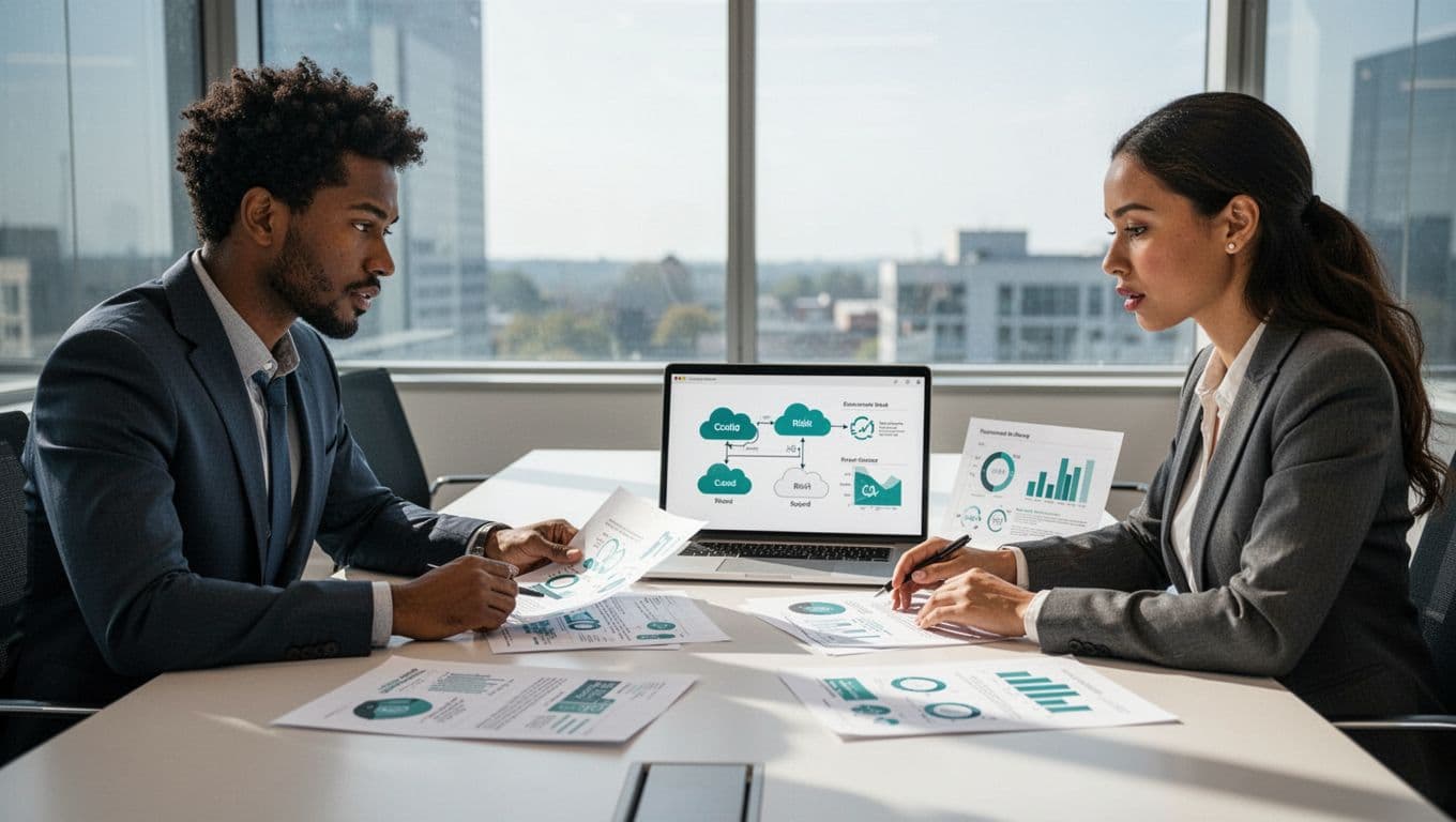 Two diverse security analysts, one male and one female, collaborate in a modern conference room, focused on printed reports and laptop screens displaying cloud architecture diagrams and risk charts.