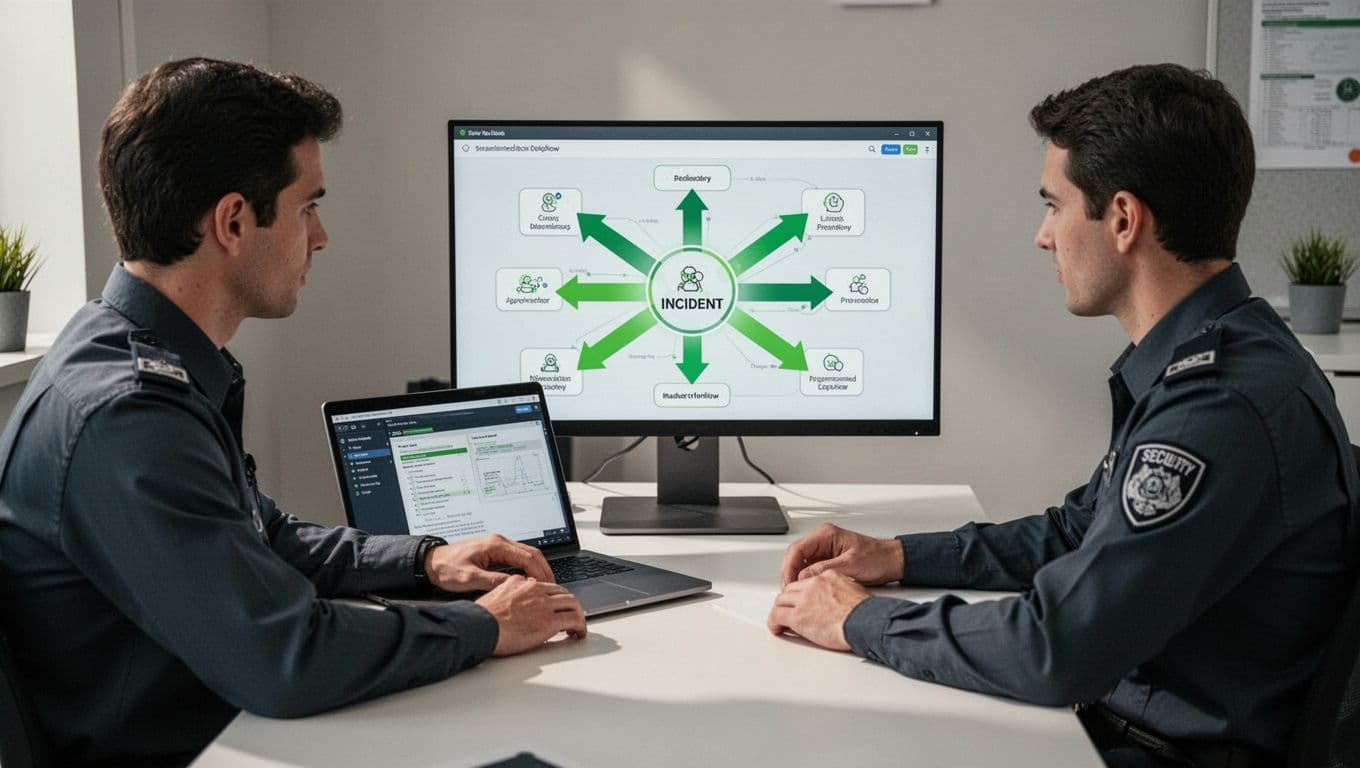 Two security analysts collaborate at desk with laptop and monitor displaying workflow diagram of alerts funneling into prioritized incident.