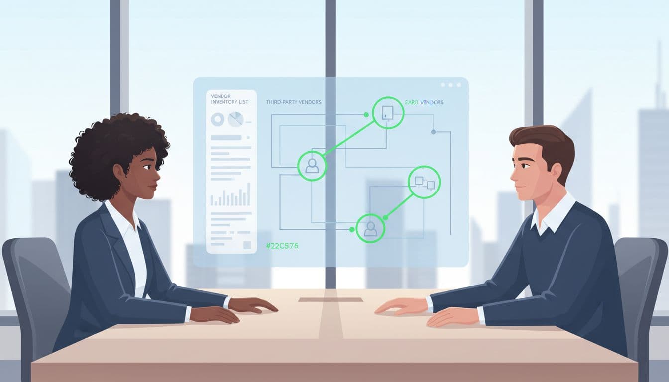 Two security analysts in a bright office examine a large screen showing vendor inventory list and network diagram with green-highlighted connections.