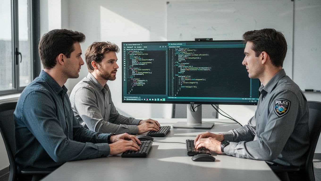 Two security analysts in a meeting room, one mentoring the other by reviewing code on a shared monitor with relaxed hands on keyboard and focused expressions. Modern illustration style with clean shapes, controlled colors accented by #22C55E for UI elements, even lighting, side-by-side composition.