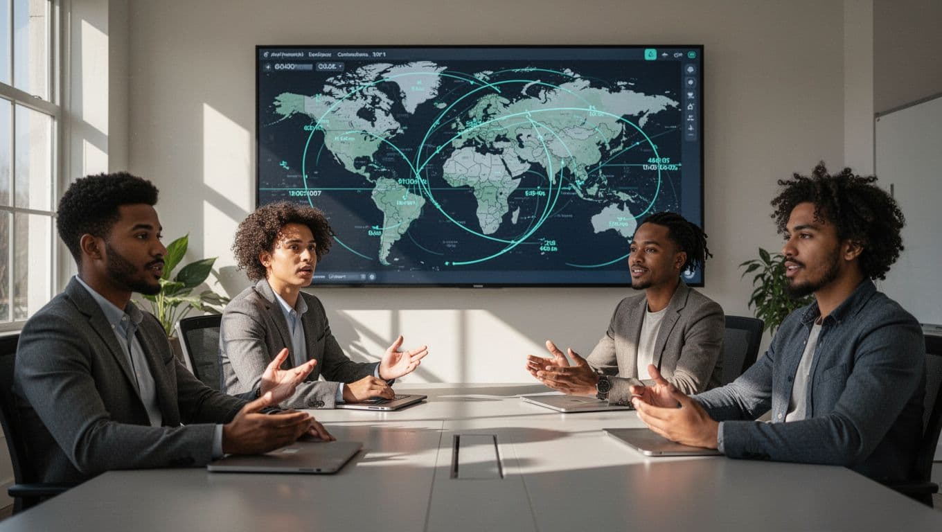 Four diverse security analysts on a video call discuss via shared screen showing world map and time zones.