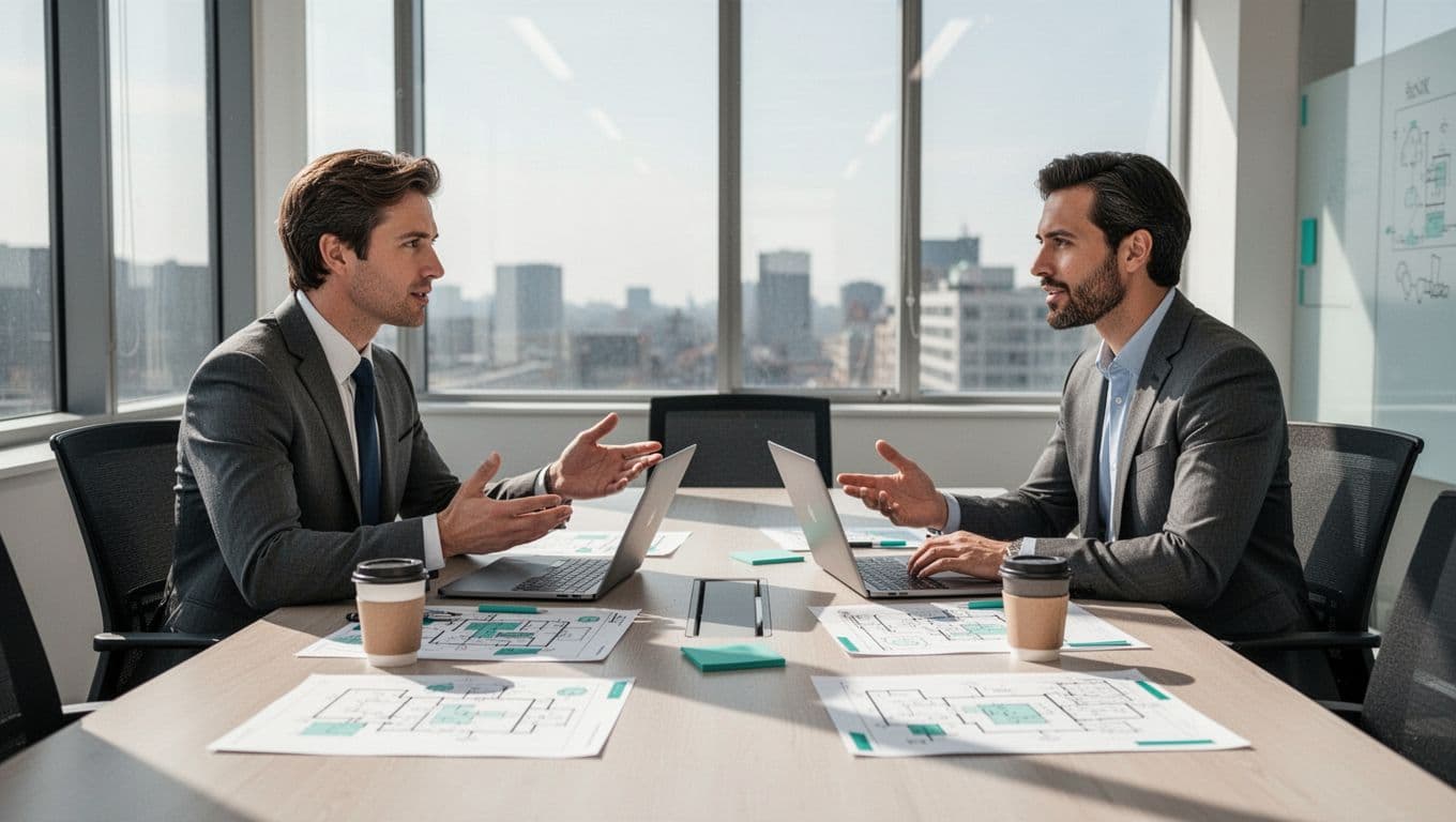 Security architect and hiring manager discuss at conference table with laptops, coffee, and diagrams.