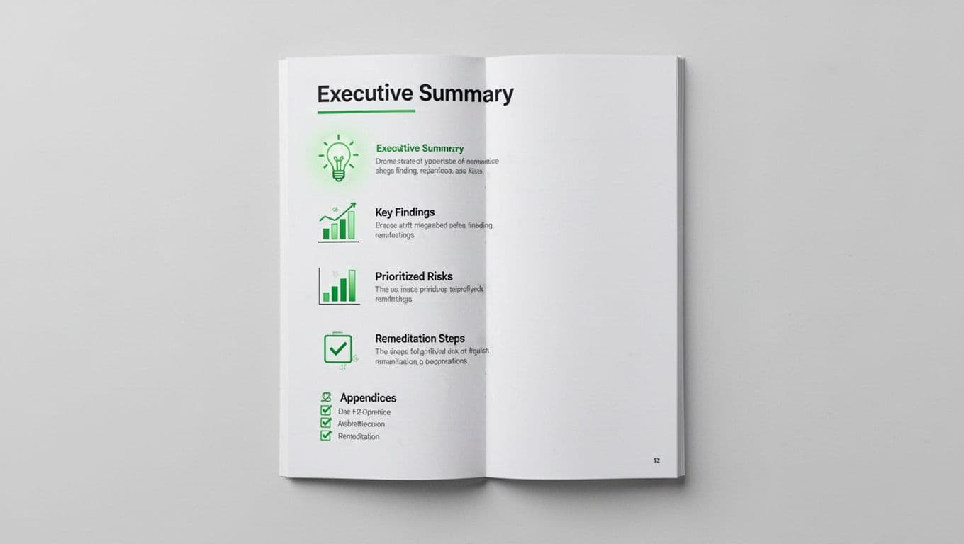 Clean modern illustration of a security assessment readout report structure with executive summary, key findings, prioritized risks, remediation steps, and appendices, using simple icons and #22C55E accents.
