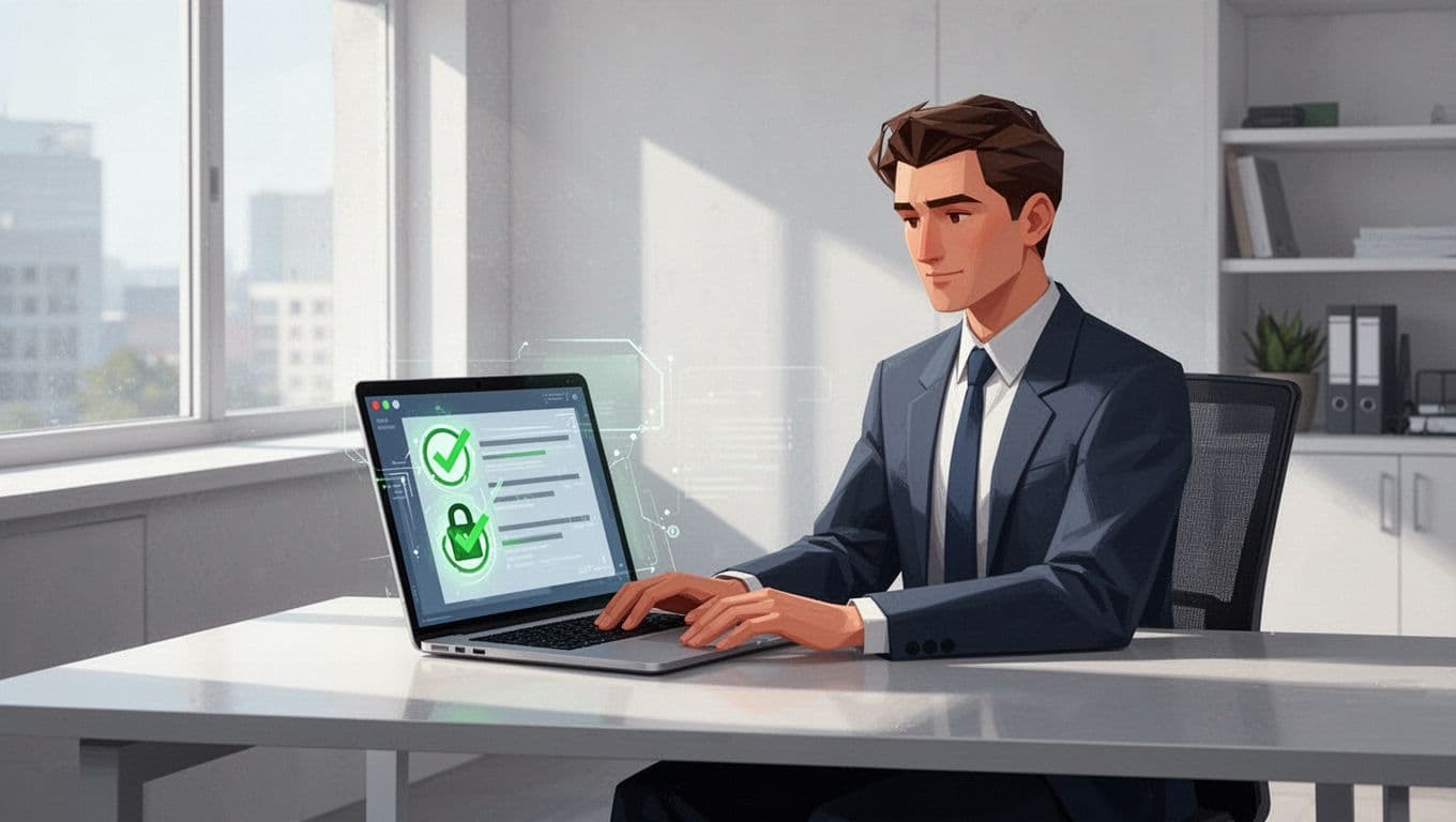 Security professional in office reviews laptop screen with locks, access icons, and green checkmarks.