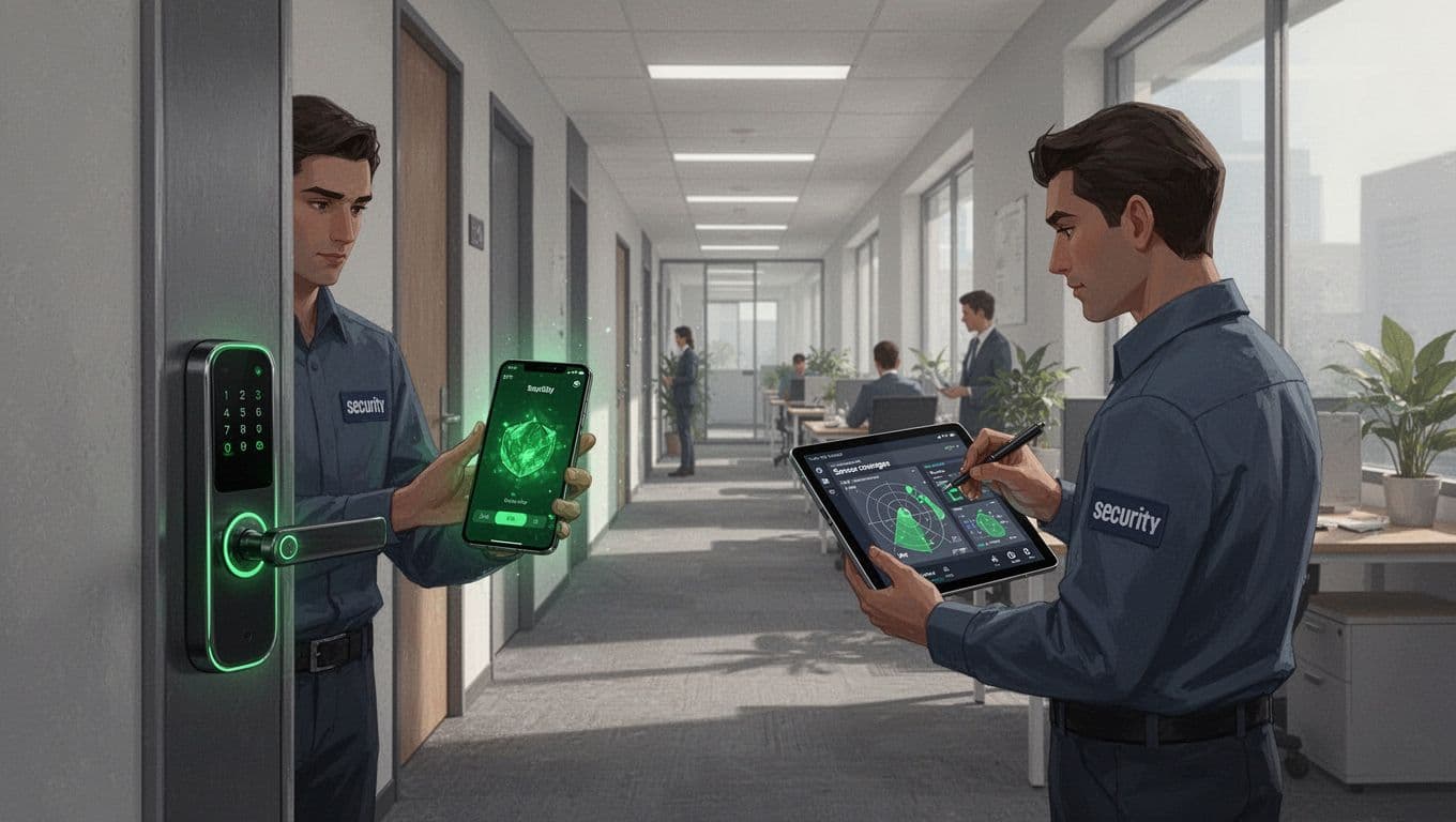 Modern illustration of two security auditors in a hybrid office: one checks a smart lock using a mobile credential app on their phone, the other documents sensor coverage gaps on a tablet amid sparse desks.