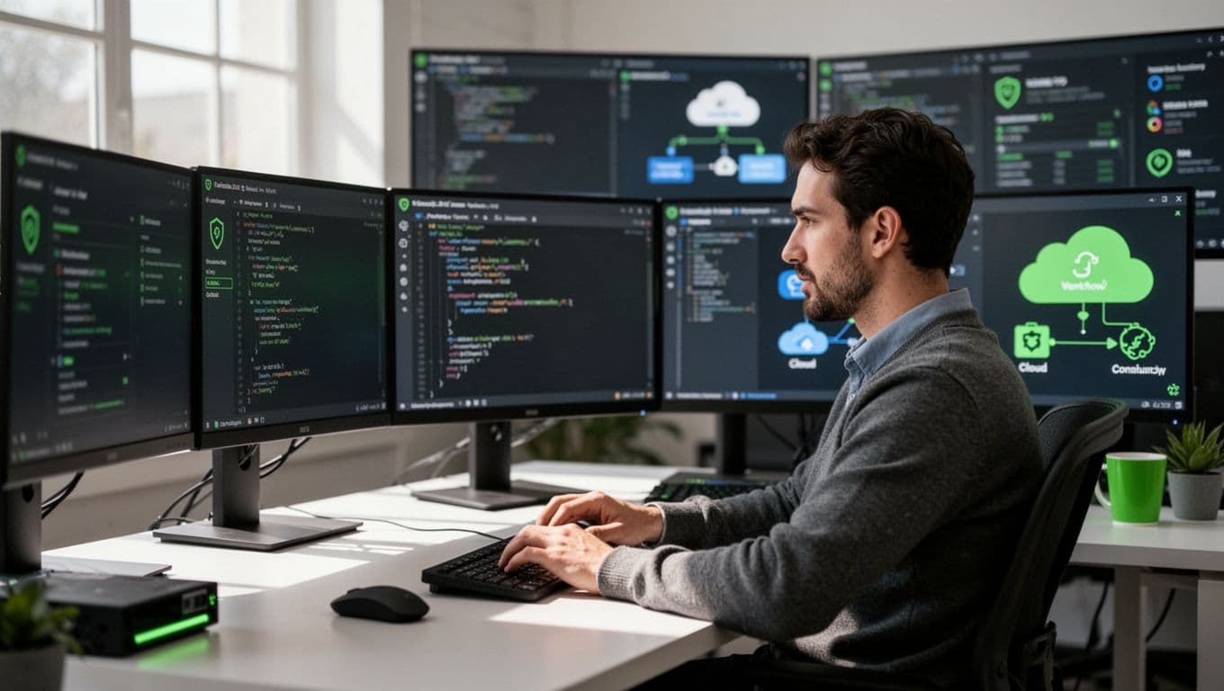Modern illustration of a security automation engineer at a desk in a contemporary office, surrounded by multiple screens with blurred SOAR dashboards, Python code, cloud icons, and automation workflows, using clean shapes and #22C55E accents.