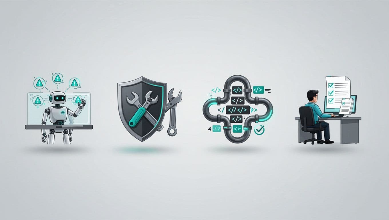 Modern illustration with clean shapes and green accents showing four side-by-side icons for security roles: robot automating alerts, shield with manual tools, pipeline with code checks, and analyst at console with tickets.