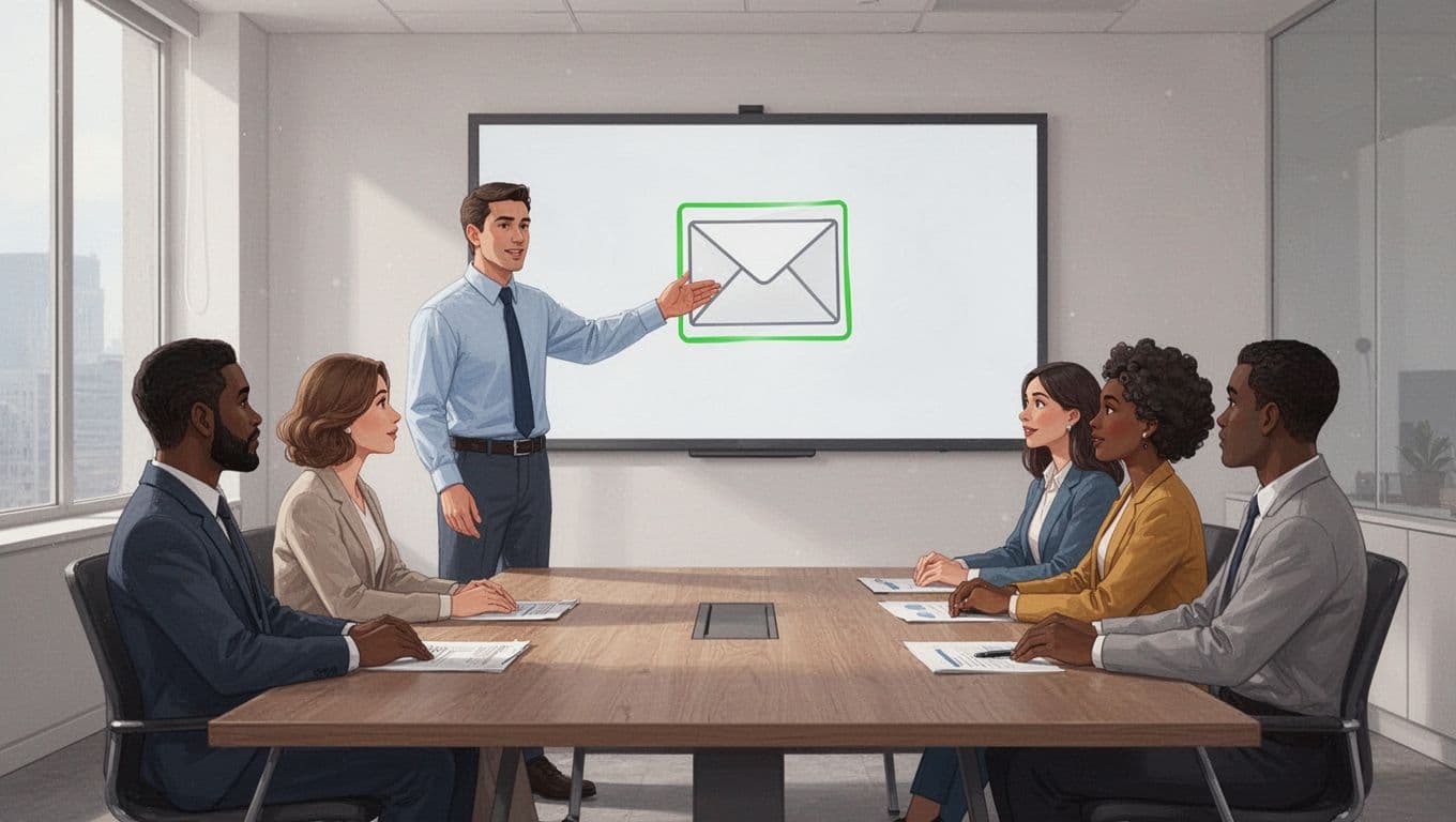 Modern illustration of a security awareness manager standing before a diverse team of five employees in a conference room, pointing to a screen displaying a phishing email icon with green accent highlights, captured from a side angle with natural lighting.