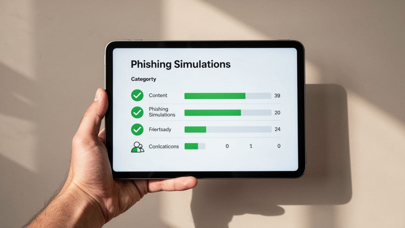 Modern illustration of a simple vendor scorecard with checkmarks and scores for security awareness training categories like content and phishing simulations, displayed on a digital tablet held by one relaxed hand.