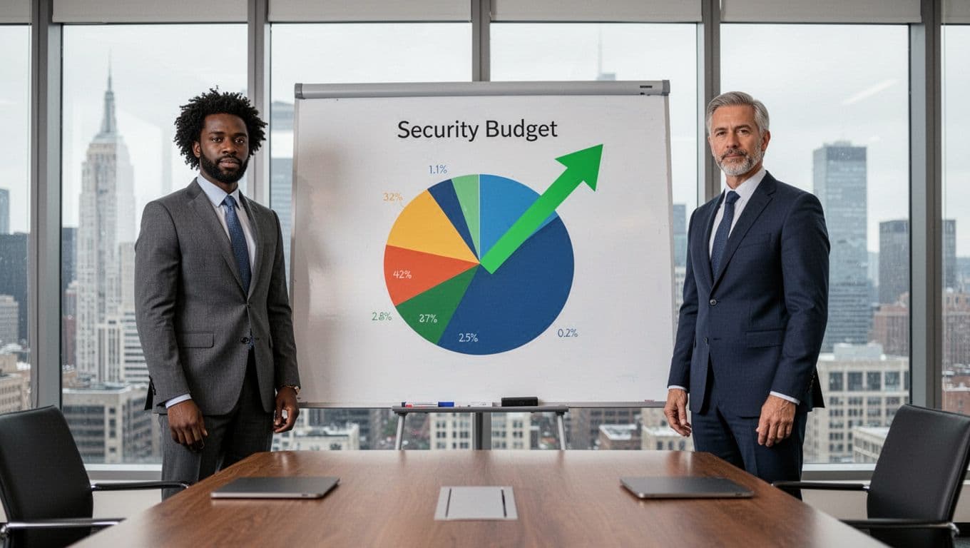 Three diverse executives stand around whiteboard with abstract pie chart showing security budget segments in boardroom.