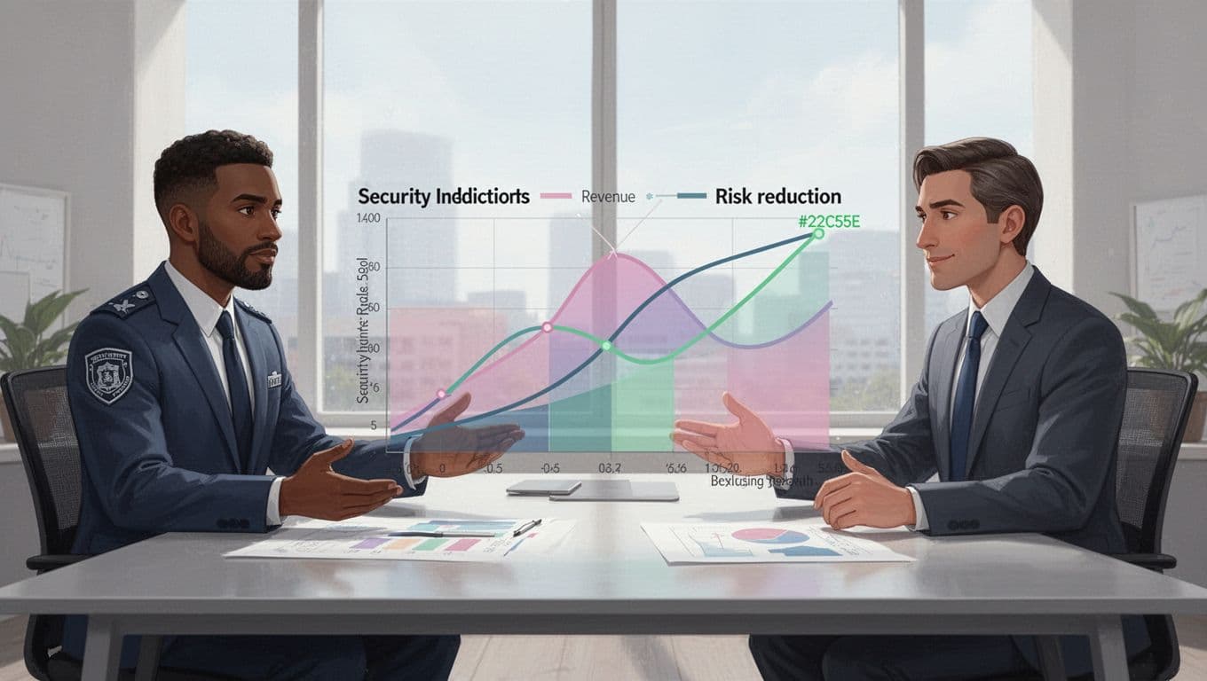 Security leader and business executive at shared desk point to overlapping charts linking reduced incidents with revenue growth.