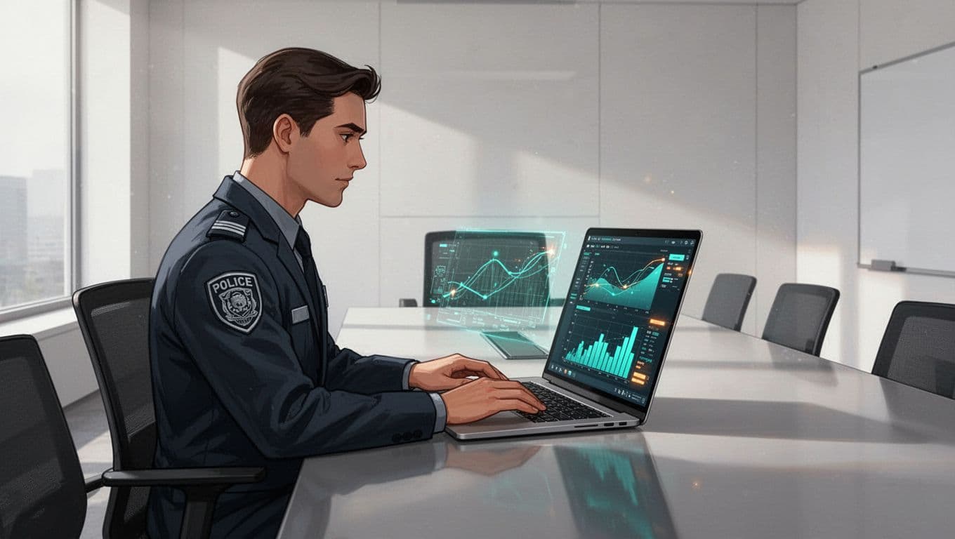 A security candidate in a conference room during a hands-on assessment queries cloud logs on a laptop screen displaying query results and anomaly highlights. The focused candidate has relaxed hands on the laptop in a modern illustration style with clean shapes and #22C55E accent highlights.