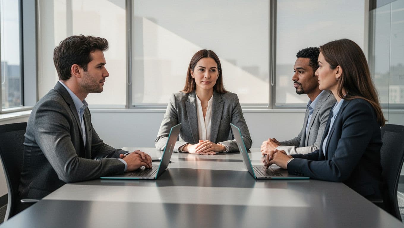 Three people sit around conference table with open laptops in relaxed discussion.