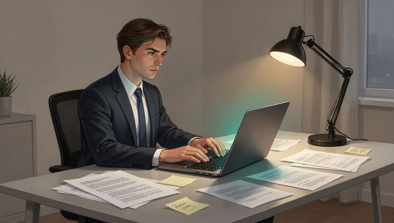 Security candidate in a home office workspace typing a policy draft on laptop, surrounded by printed requirements sheets and notes in modern illustration style.